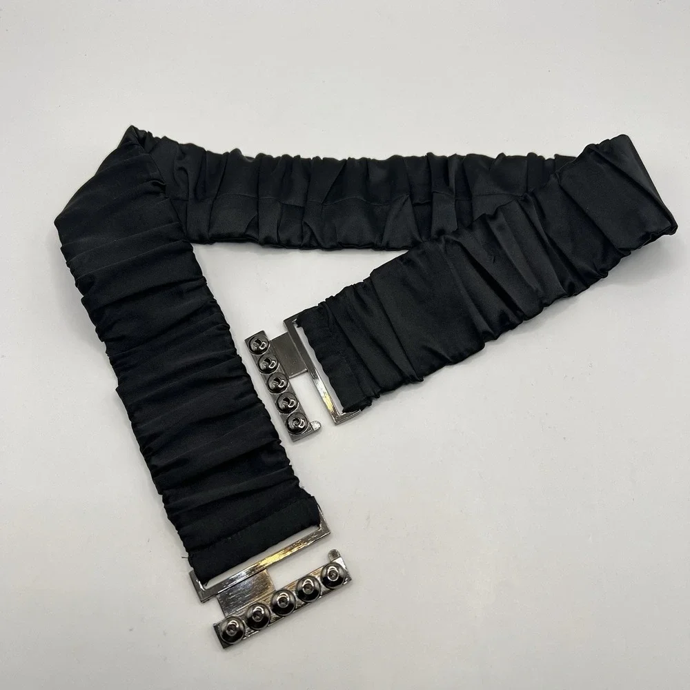 Black Ruched Elastic Waist Fashion Belt 28-40 Inches Interlocking Buckle